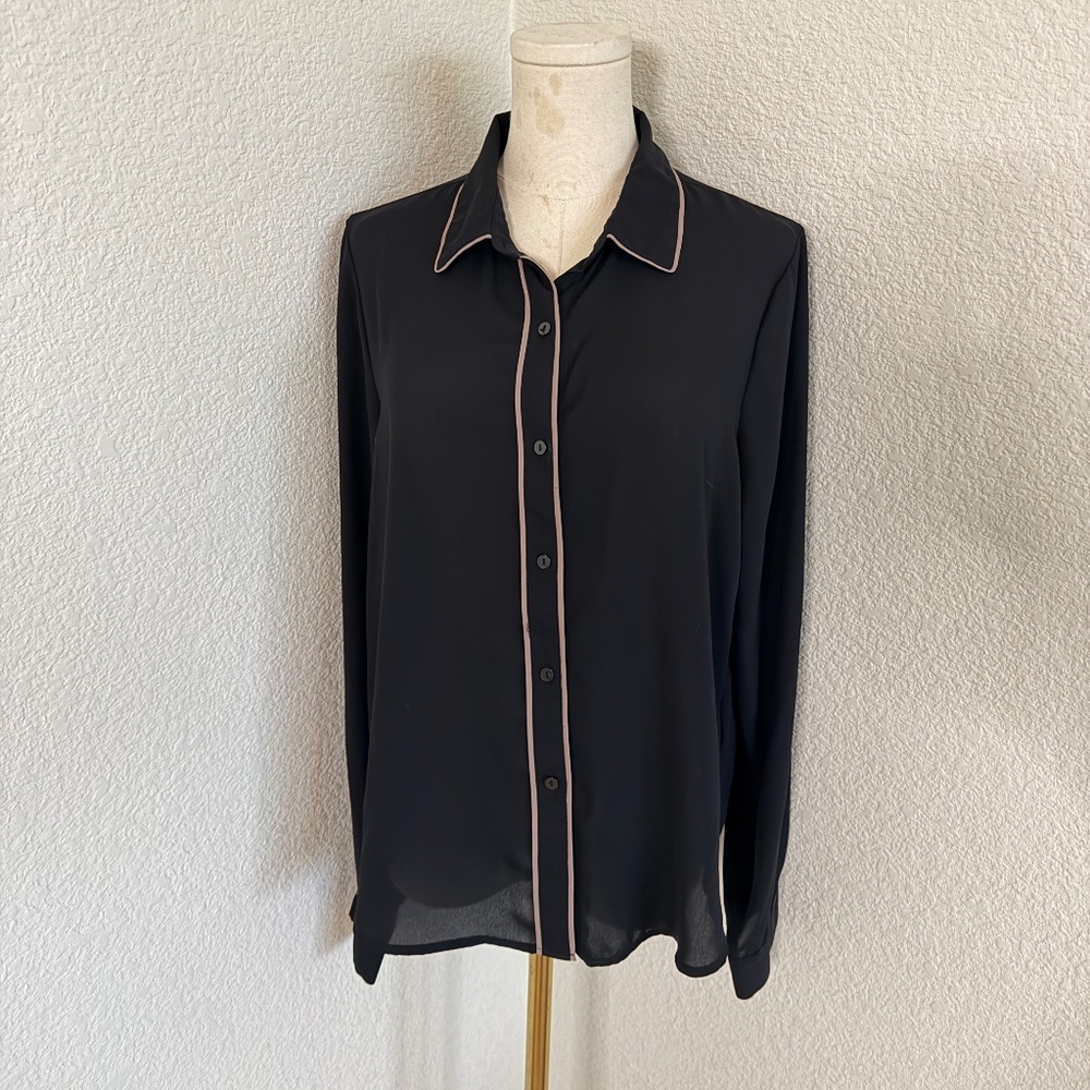 Black Sheer Button-Down Blouse with Contrast Piping Trim
